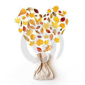 Autumn leaves in shape of heart and linen bag