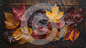 Autumn Leaves Spectrum on Rustic Wooden Backdrop