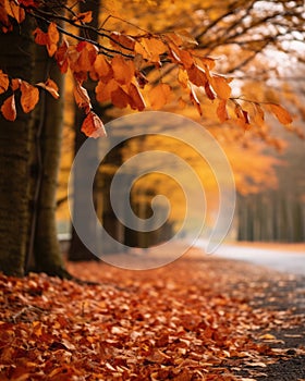autumn leaves on a tree lined road