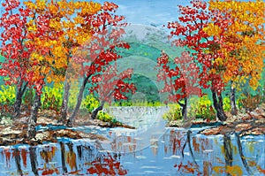 Autumn leaves on trees by a small pond