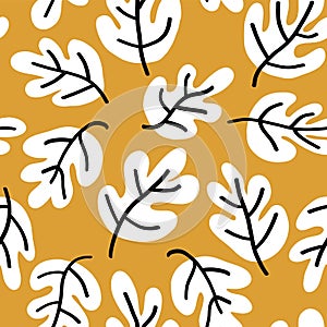 Autumn leaves vector seamless pattern. Oak leaf seaonal background white, black, and gold for textile, digital paper, wallpaper, photo