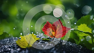 autumn leaves in water a colorful nature scene with water drops on vibrant green leaves and a blue sky with bokeh lights