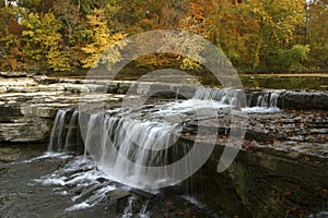 Autumn leaves and waterfall photo