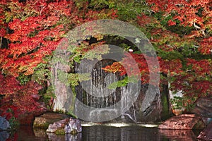 Autumn leaves and waterfall of Japanese garden at night.