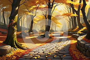 Autumn Leaves Whirling in a Gentle Breeze: Scattered Across a Cobblestone Path That Meanders Through Nature\'s Tapestry