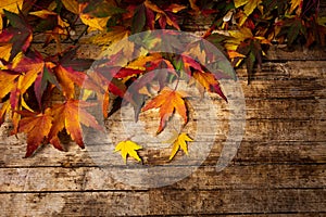 Autumn leaves on wooden background with copy space