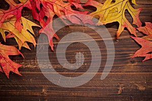 Autumn leaves on a wooden background forming a border