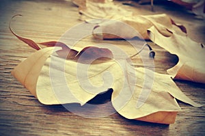 Autumn leaves on a wooden background with a retro effect