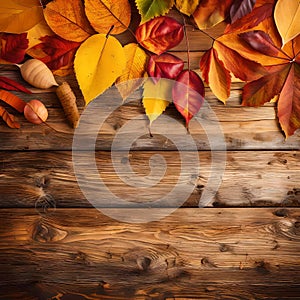 An Autumn leaves on the wooden bench photo