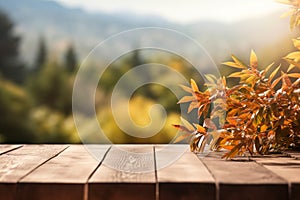 Autumn leaves on wooden table - seasonal concept - generative AI