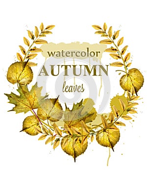 Autumn leaves wreath Vector. Watercolor decor background. Fall banner template. Golden colors