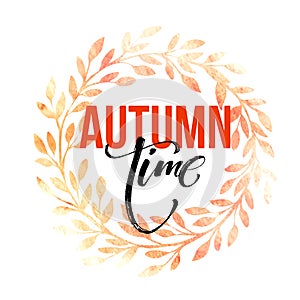 Autumn leaves wreath. Watercolor texture. Fall leaf. Sale lettering design. Vector illustration