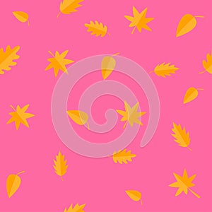 Autumn leaves. Yellow orange leaf set. Oak, maple, birch, rowan. Seamless Pattern Wrapping paper, textile template. Pink backgroun