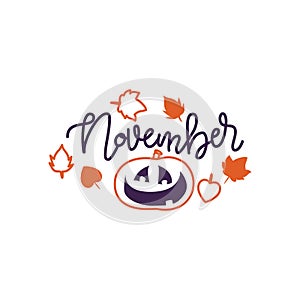 Autumn lettering calligraphy phrase - Hello november. Invitation Card with hand drawn pumpkin in sketch style. Hand made