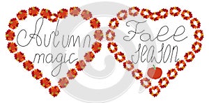 Autumn lettering heart shaped frame of maple leaves - vector isolated
