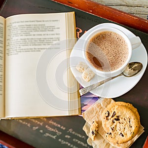 Autumn lifestyle - hot chocolate cookies, blanket book