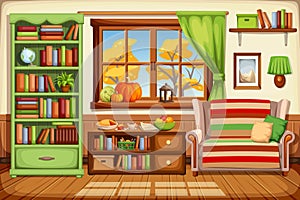 Autumn living room interior. Cartoon vector illustration