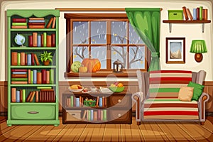 Autumn living room interior. Vector illustration.
