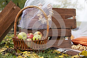 Autumn location with apples in the wicker basket in the yellow leaves