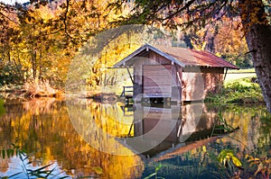 Autumn log cabin on lake