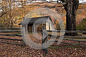 Autumn Log Cabin with Rail Fence