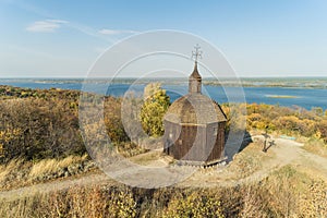 Autumn magnificent aerial panorama  view of Vitachov Vytachov on a  Dneper river, Ukraine photo