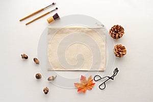 Autumn makeup bag mockup flat lay