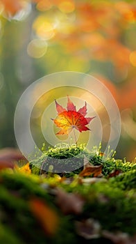 Autumn maple leaf on mossy ground