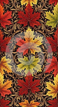 Autumn Maple Leaf Pattern with Ornate Scrollwork