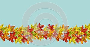 Autumn Maple Leaves Seamless Border on Blue Background.