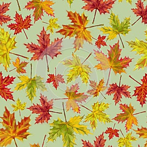 Autumn Maple Leaves Seamless Pattern Isolated on Green Background.