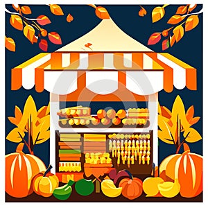 Autumn market stall with pumpkins, apples and oranges. Vector illustration Generative AI