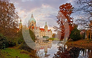 The autumn in Maschpark and a view on New Town Hall, Hanover, Germany