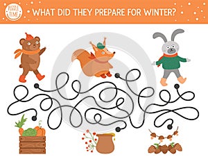 Autumn maze for children. Preschool printable educational activity. Funny fall season puzzle with cute woodland animals and