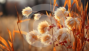 Autumn meadow, vibrant leaves, sunrise, tranquil landscape, organic environment generated by AI