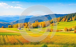 Autumn meadows, fields against the background of mountains