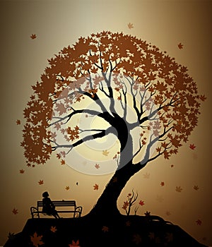 Autumn memories concept, girl sitting on the bench under the big maple tree, silhouette summer scene,