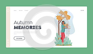 Autumn Memories Landing Page Template. Happy Woman Walking in Park with Bunch of Falling Leaves Enjoying Sunny Weather