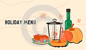 Autumn menu banner with Thanksgiving and Halloween dishes, vector illustration