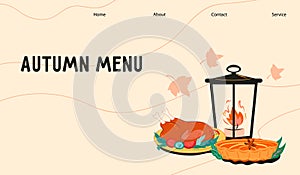 Autumn menu web banner for Thanksgiving or Halloween flat vector illustration