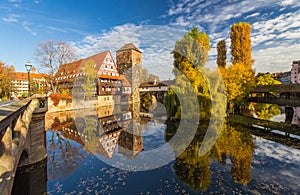 Autumn mirror scene- Nuremberg-Germany-river Pegnitz