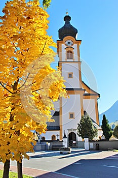 Autumn in Mittersill, Austria. Parish church.