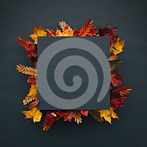 Autumn mockup banner. Empty blue paper podium decorated with colorful autumn leaves on blue background.