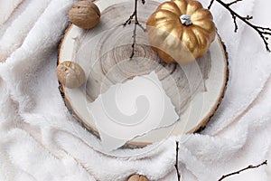 Autumn mockup still life scene with empty card wooden round tray, pumpkin and walnuts on white plaid.