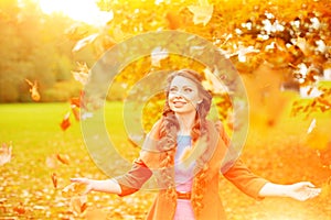 Autumn model, bright make up. woman on background fall landscape