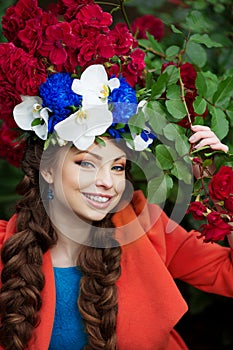 Autumn model, bright make up. woman on background fall landscape