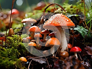 Autumn Moments: Leaves Descend from Trees, Rain Kisses the Forest Floor with Mushrooms