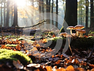 Autumn Moments: Leaves Descend from Trees, Rain Kisses the Forest Floor with Mushrooms