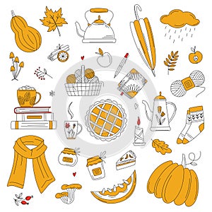 Autumn monochrome doodles. Hand drawn vector set of sketches: scarf, teapot, pumpkin pie, mushrooms, leaves, pumpkins. Autumn,