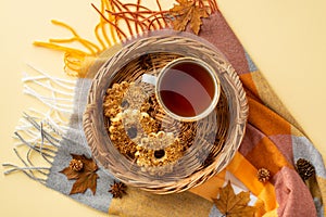 Autumn mood concept. Top view photo of wicker tray with cup of tea homemade cookies anise yellow maple leaves pine cones and plaid